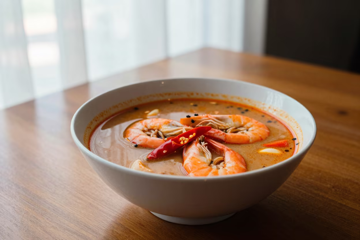 Steaming Tom Yum Soup on Phuket Dining Table in on a small dining table by a window in Phuket