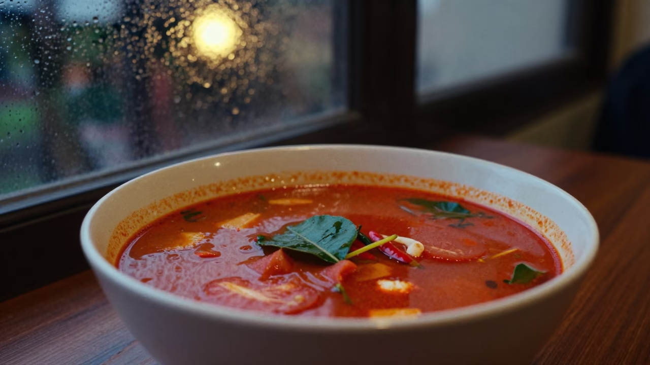 Steaming Tom Yum Soup on Phuket Restaurant Table in on a restaurant table in Phuket