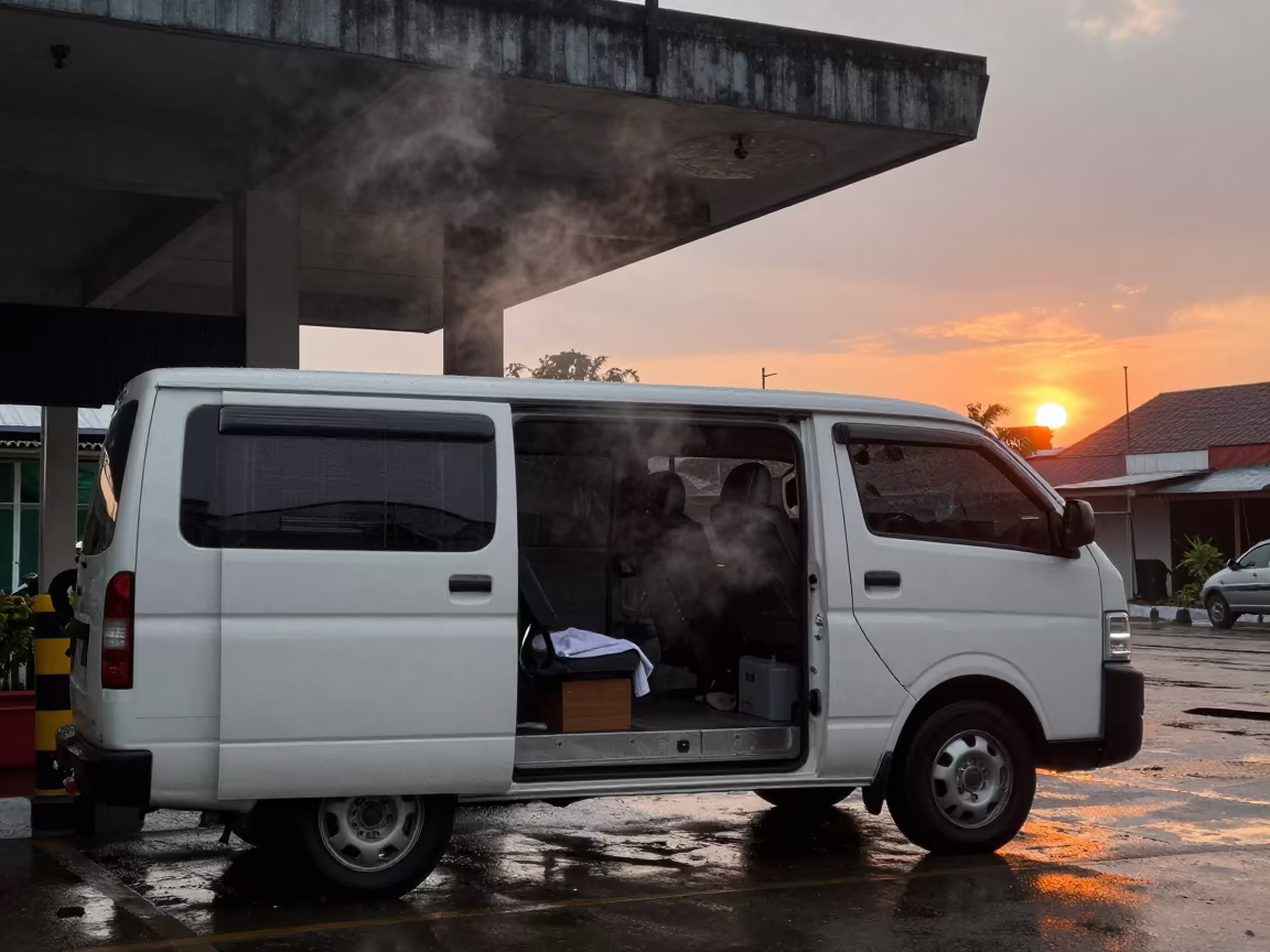 Steaming Towels in Grooming Van Under Awning in beneath a pet hotel drop-off awning in Palembang