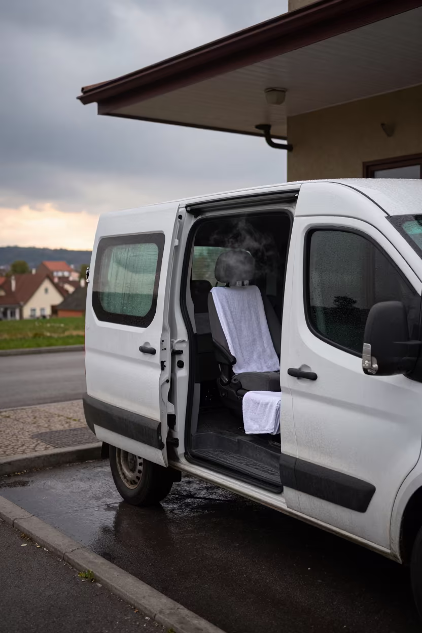 Steaming Towels in Grooming Van Sibiu Evening in beneath a pet hotel drop-off awning in Sibiu