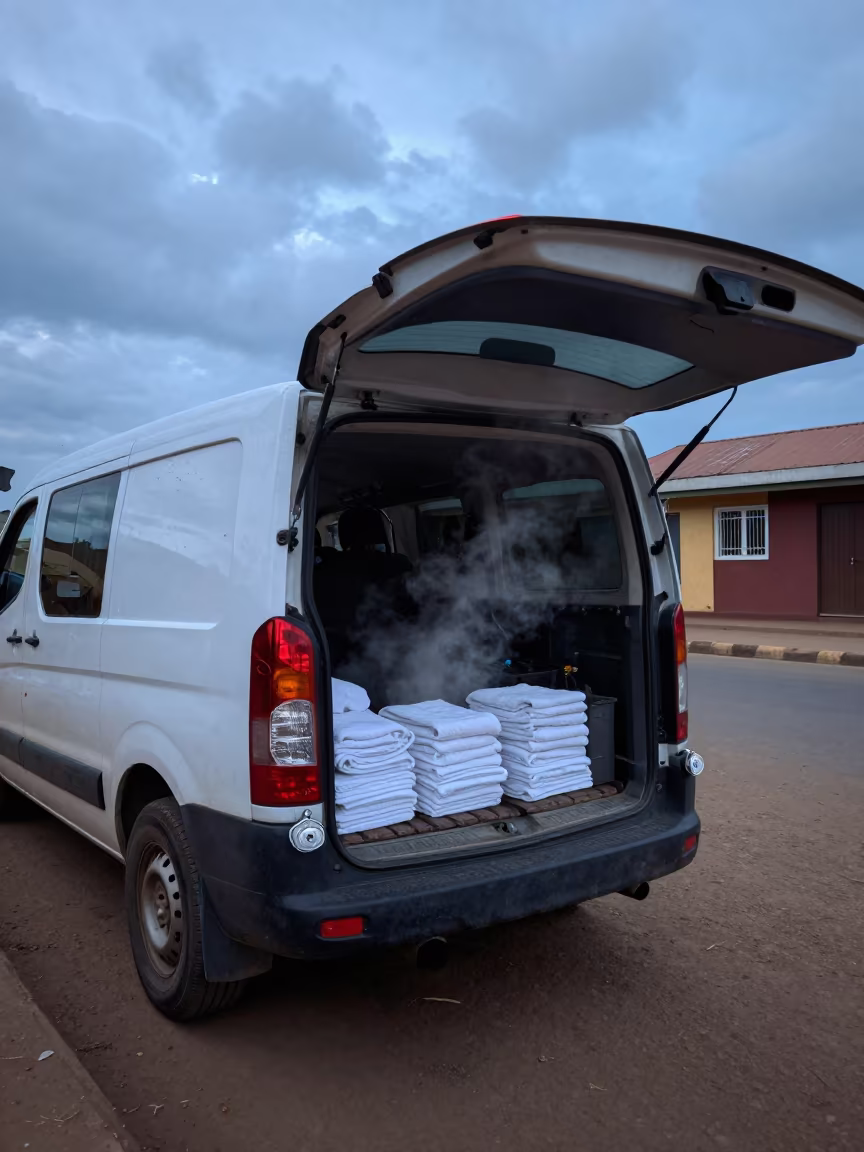 Steaming Towels in Kinshasa Grooming Van in outside a grooming van on a curbside stop in Kinshasa