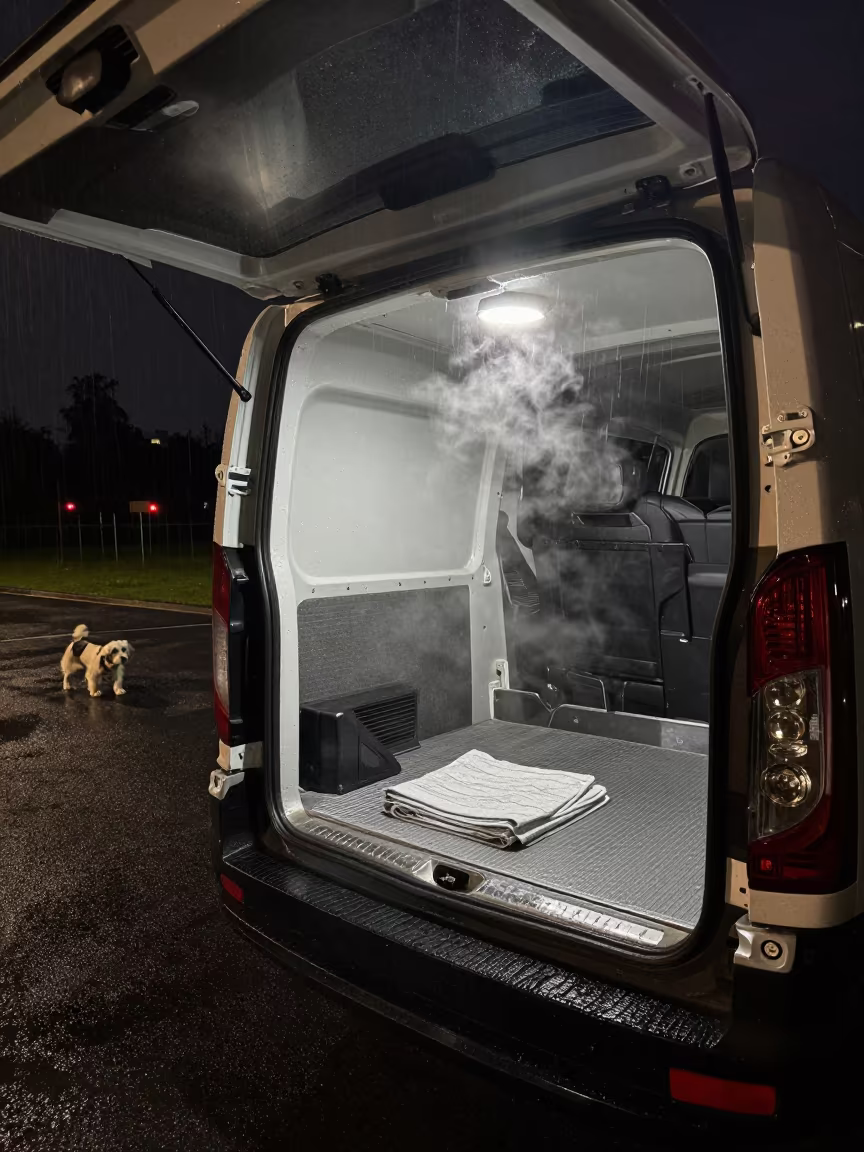 Steaming Towels in Midnight Grooming Van Sheffield in at a puppy training field check-in in Sheffield
