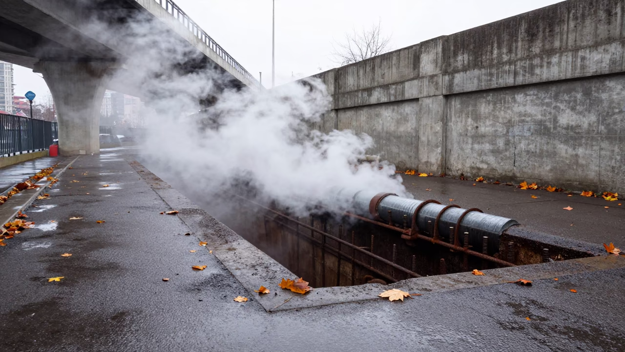 Steaming Trench Pipe on Windy Istanbul Overpass in across a windy overpass interchange near Istanbul