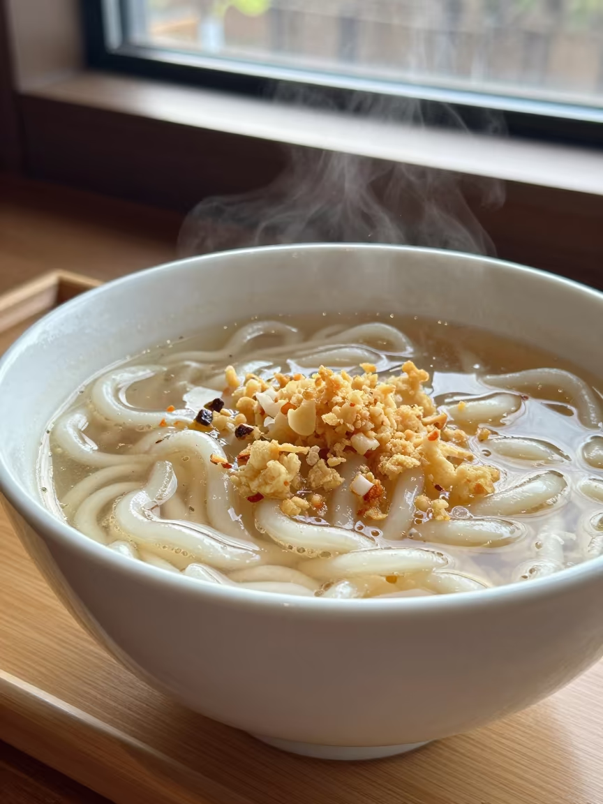 Steaming Udon Bowl with Tempura Flakes in on a tea house tray in Blantyre