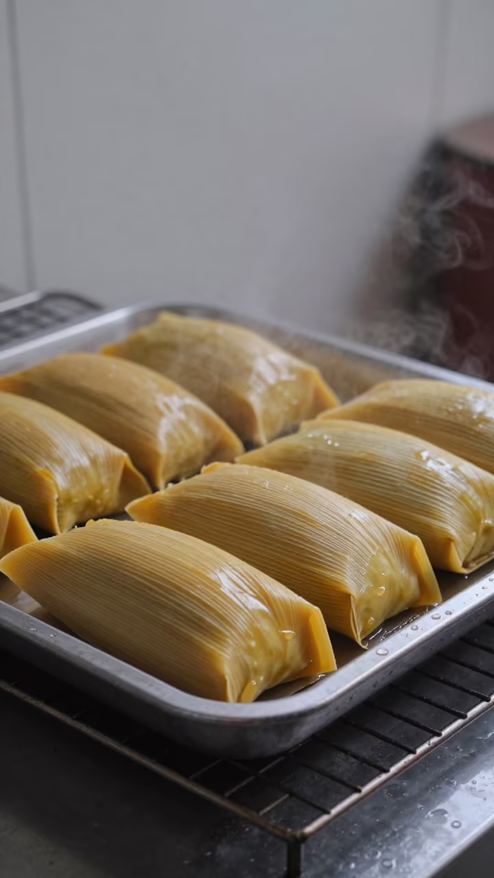 Steaming Unwrapped Tamales on Cooling Rack in on a bakery cooling rack in Charsadda