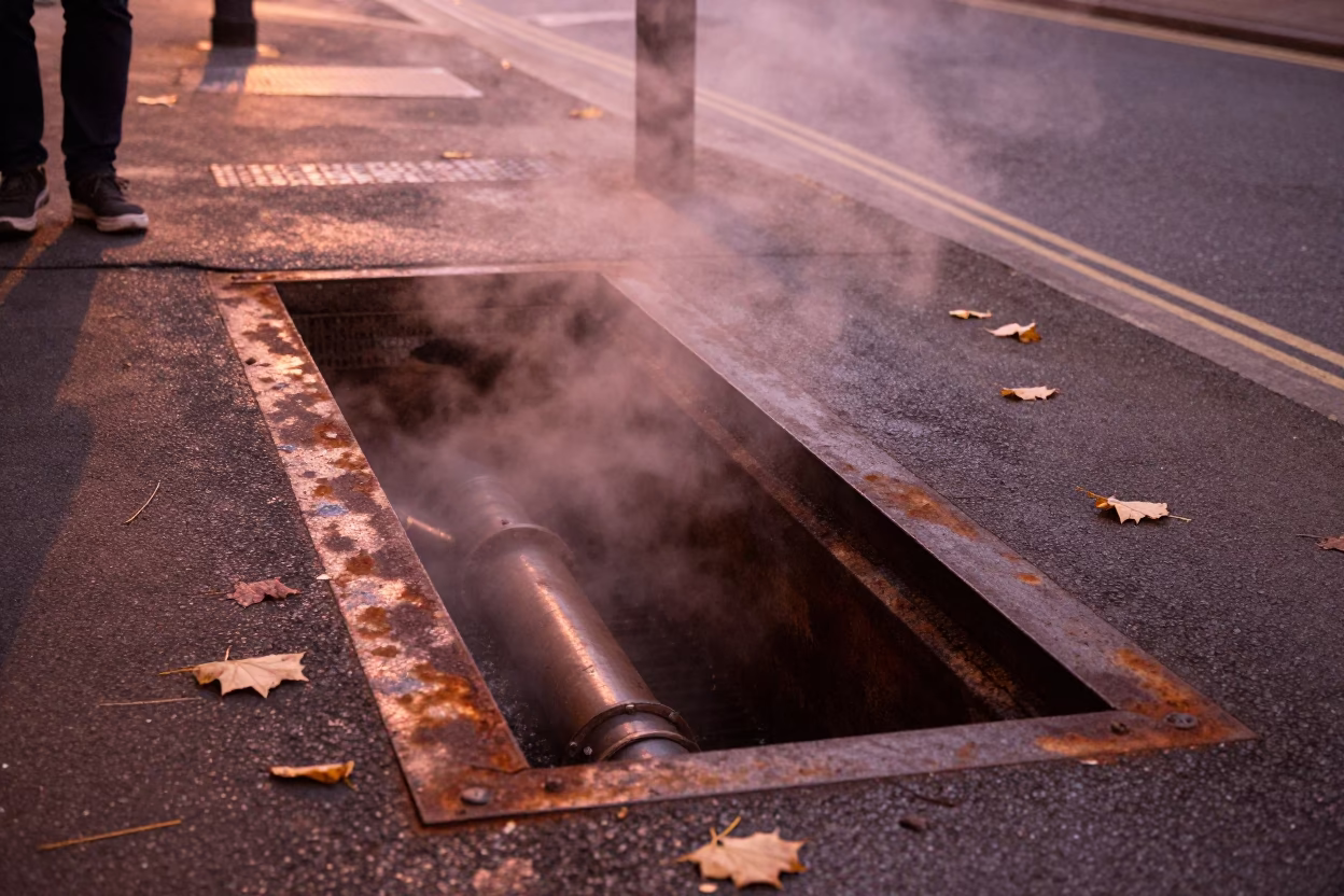 Steaming Utility Trench in Bristol Before Dusk with Autumn Leaves and Rusty Pipes in in Bristol, United Kingdom