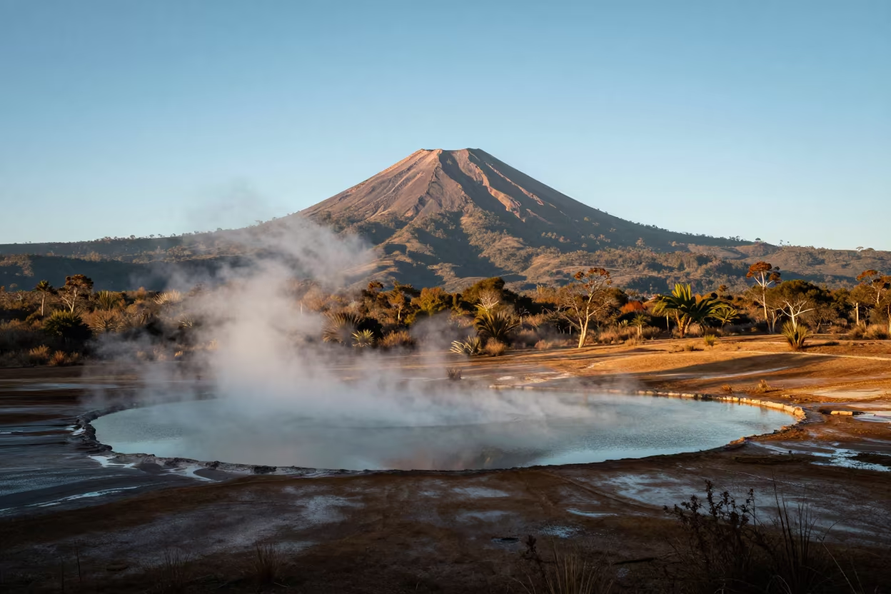 Steaming Volcanic Lake Dawn Floodplain Colombia in across a floodplain after rain in Colombia