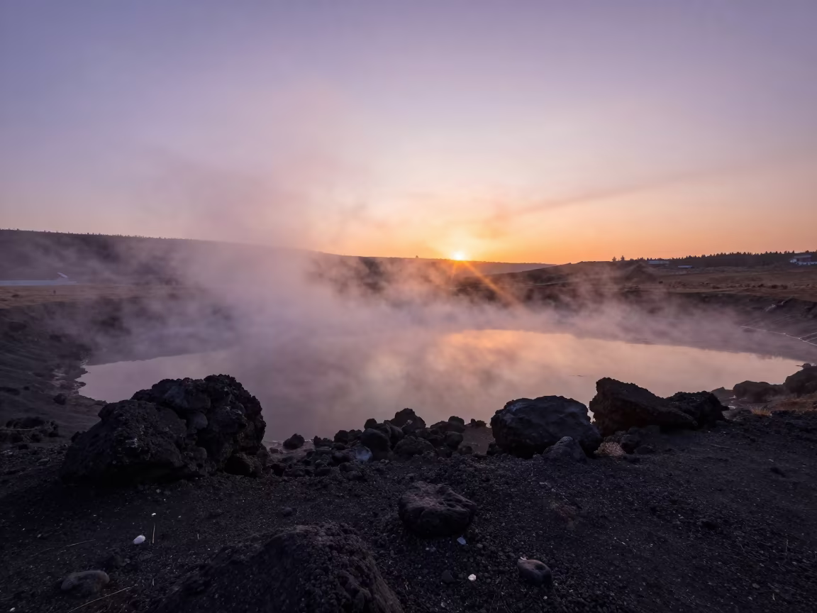 Steaming Volcanic Lake at Dawn Near Almaty in near Almaty