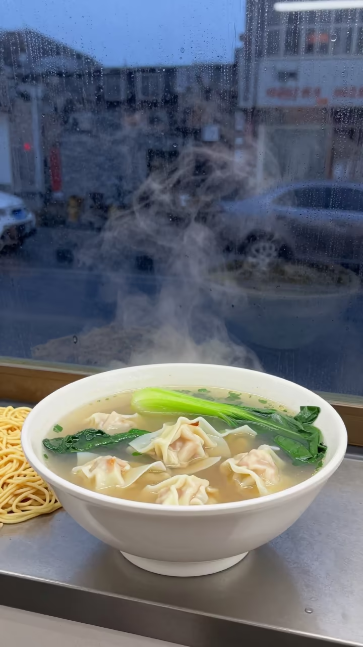 Steaming Wonton Soup with Bok Choy at Ningbo Noodle Counter in at a noodle counter in Ningbo