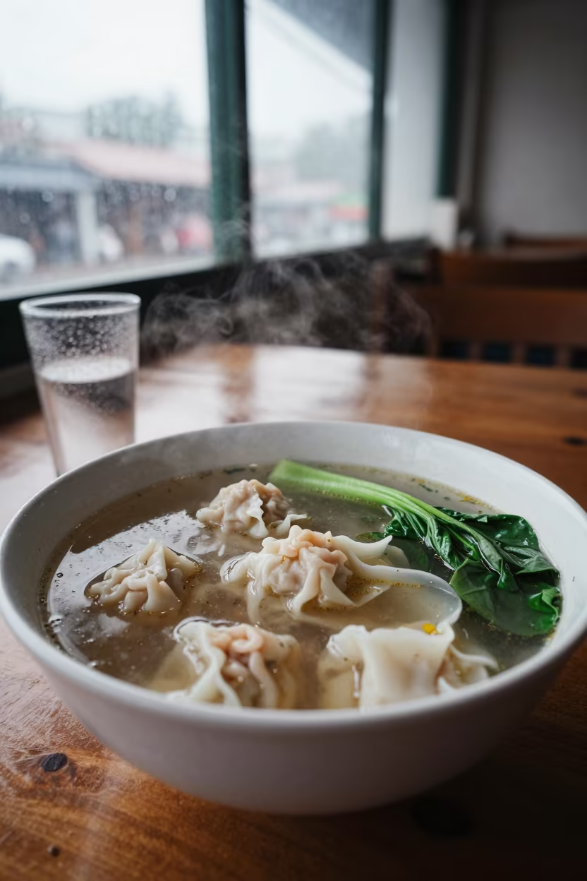 Steaming Wonton Soup with Bok Choy in Phuket in on a restaurant table in Phuket