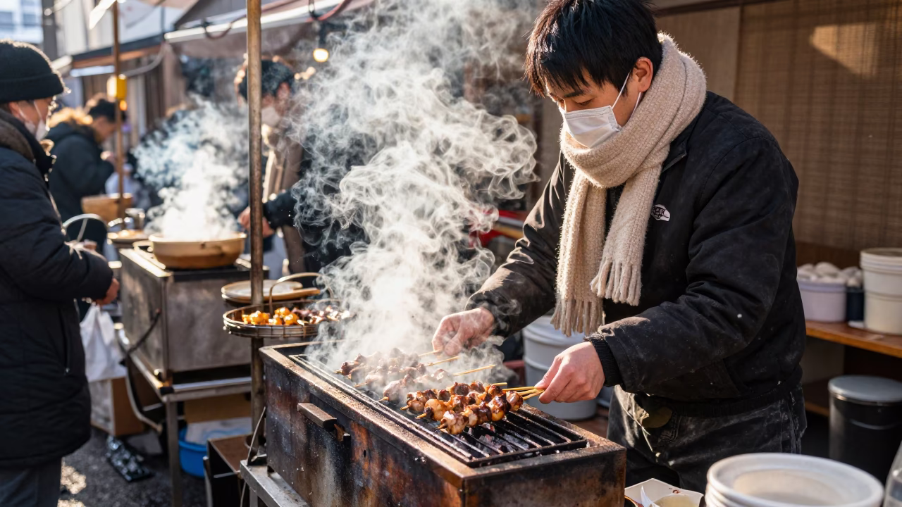 Steaming Yakitori in Fukuoka at Noon Light in in Fukuoka, Japan