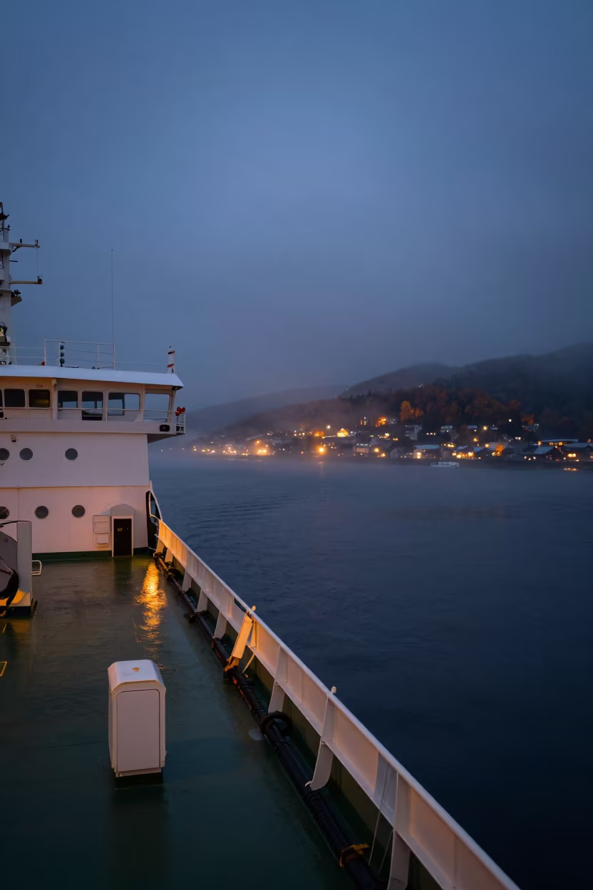 Steamship Entering Hokkaido Port in Twilight in across a remote ferry crossing in Hokkaido