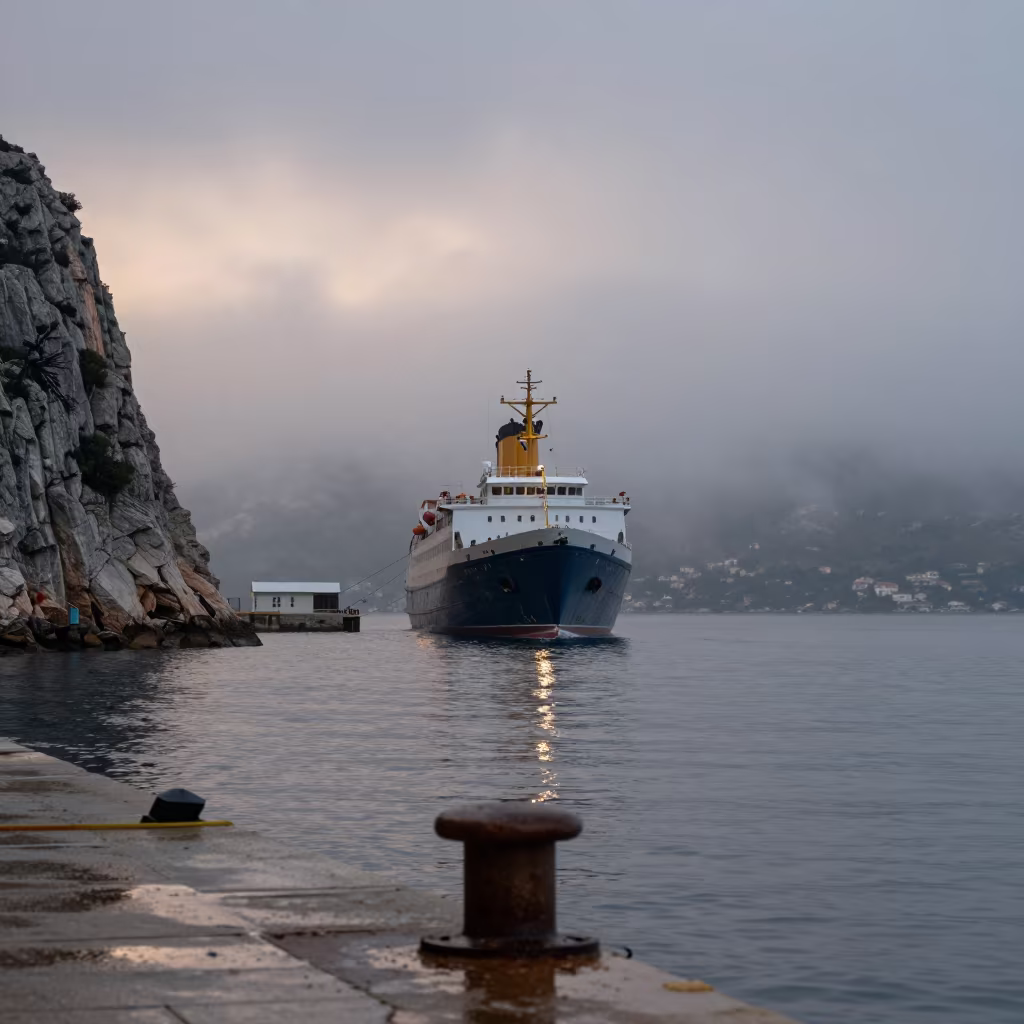Steamship Entering Foggy Dalmatian Port at Evening in across a remote ferry crossing in Dalmatia