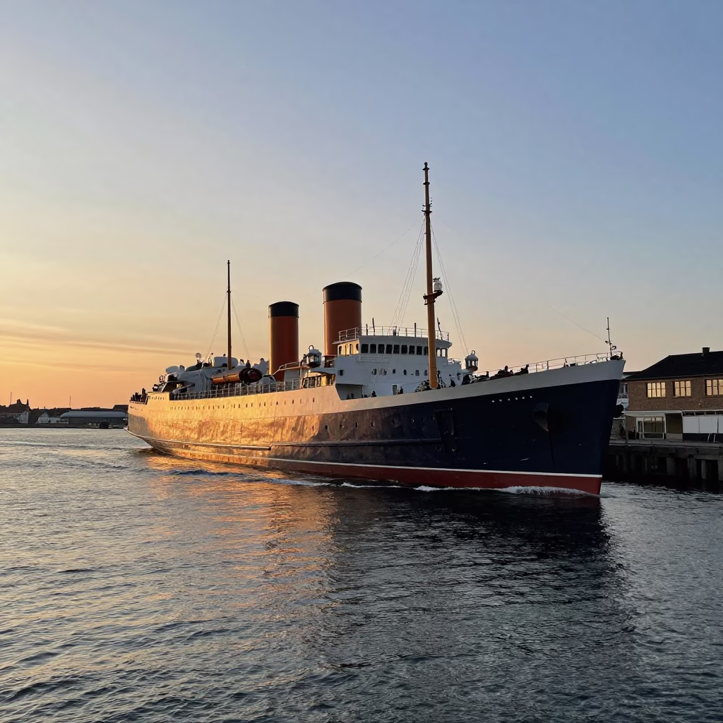 Steamship Listing in Copenhagen at Sunset Light in in Copenhagen, Denmark