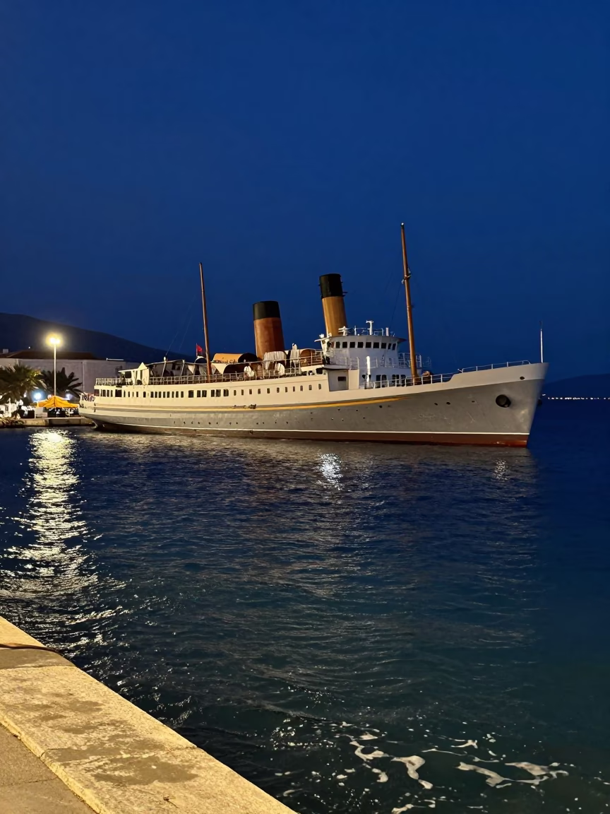 Steamship Listing in Dubrovnik at Midnight Light in in Dubrovnik, Croatia