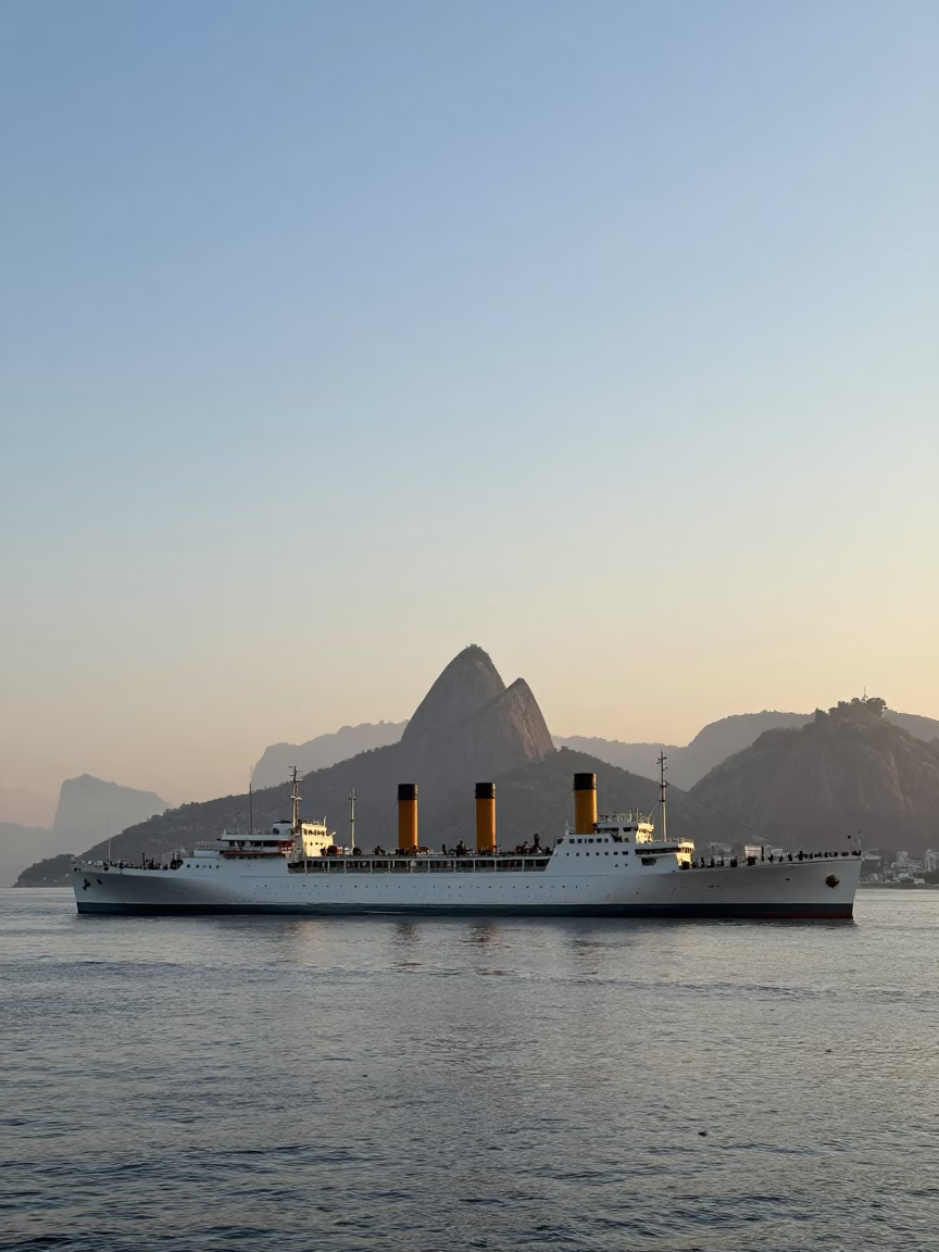 Steamship Listing in Rio De Janeiro at First Light Of Dawn in in Rio de Janeiro, Brazil