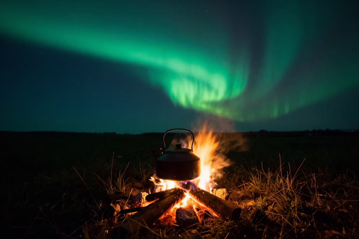 Steamy Kettle Under Northern Lights Near Avignon in beneath a moon-washed horizon near Avignon
