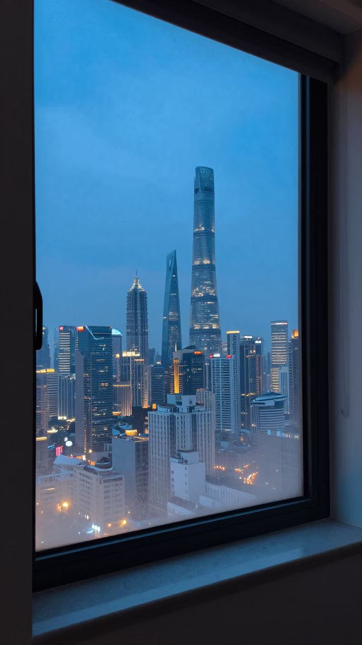 Steamy Window View of Shanghai Skyline During Blue Hour in in Shanghai, China
