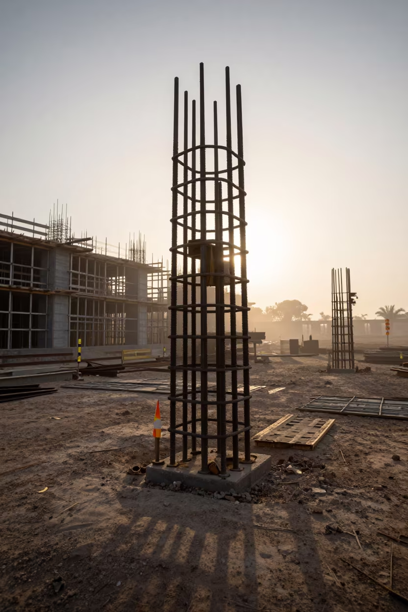Steel Anchor Bolt Template at Dawn in Sudan Mist in beside a framed building shell in Sudan