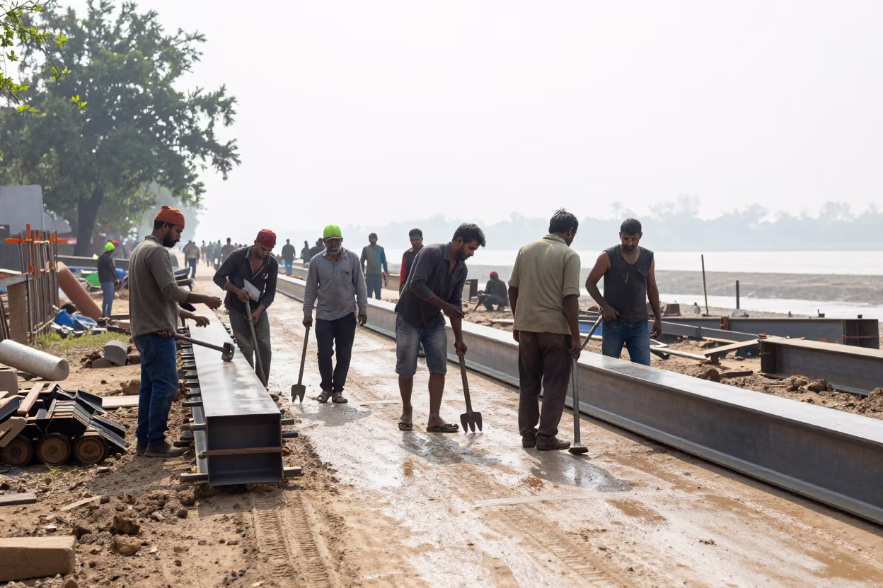 Steel Beam Crew on Muddy Swayambhu Road in at a muddy site access road in Swayambhu, Kathmandu