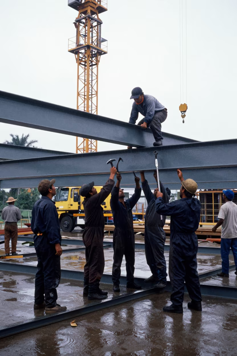 Steel Beam Crew Working in Rain Under Crane in beneath a tower crane on open ground in Paramaribo