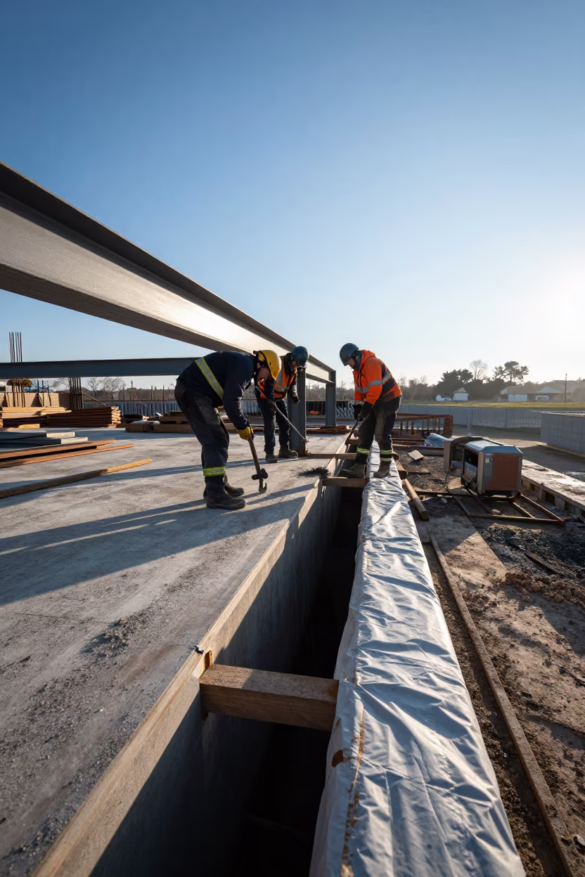 Steel Beam Crew Winter Morning Provence in inside a taped-off excavation edge in Provence