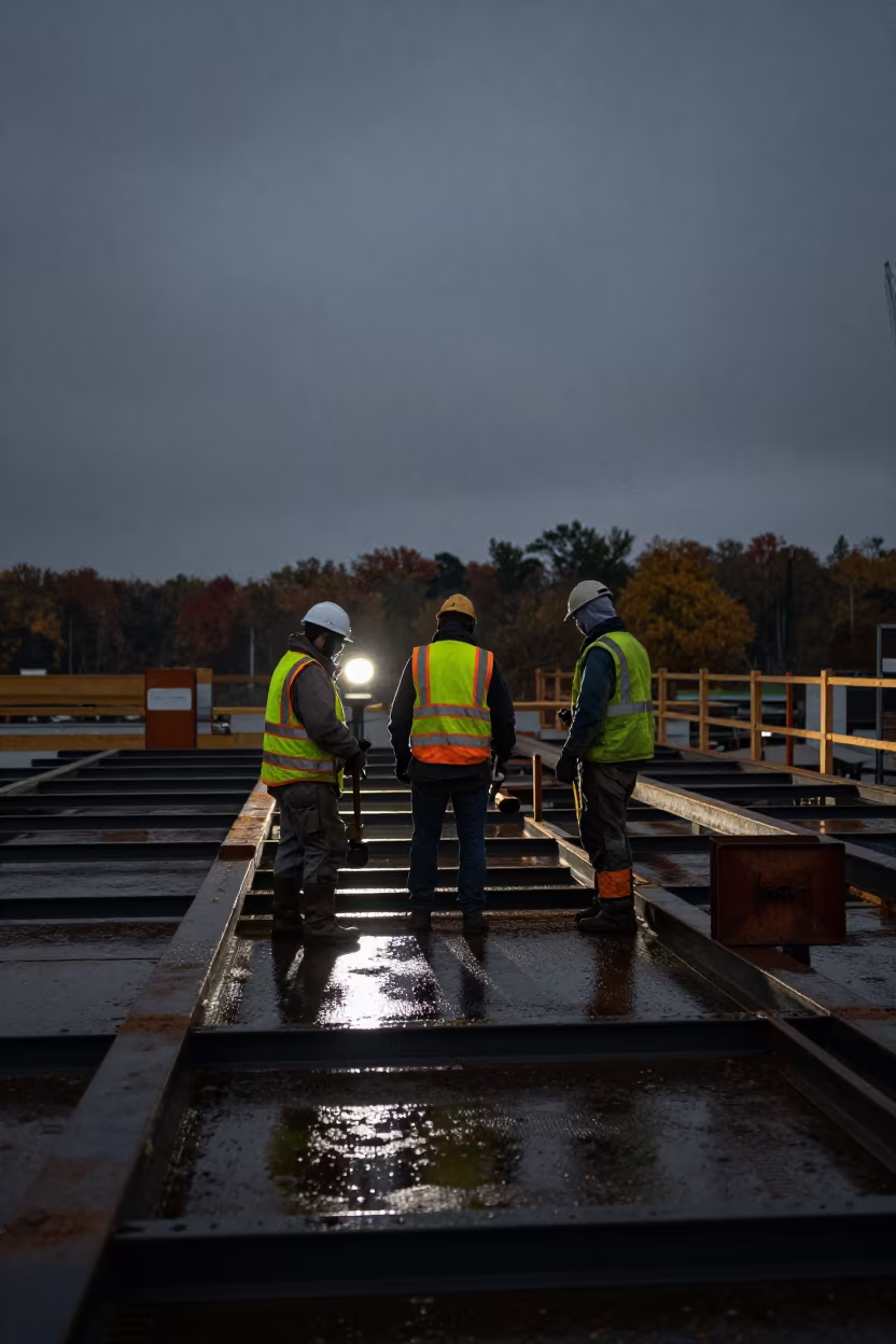 Steel Beam Crew Working at Night in Michigan in on an active construction deck in Michigan