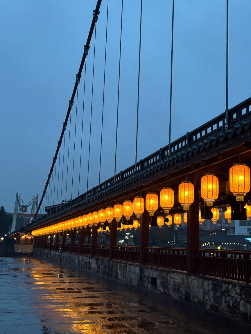 Steel Blue Cables Tilt Over Lantern Temple in in a lantern-lined temple precinct near Jalingo