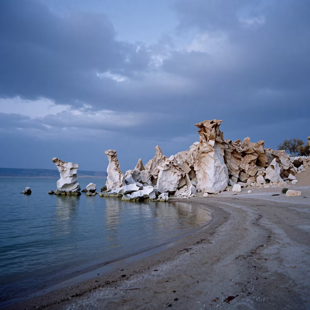 Steel Blue Evening Light Over Desert Lake Tufa Tower in near Amman