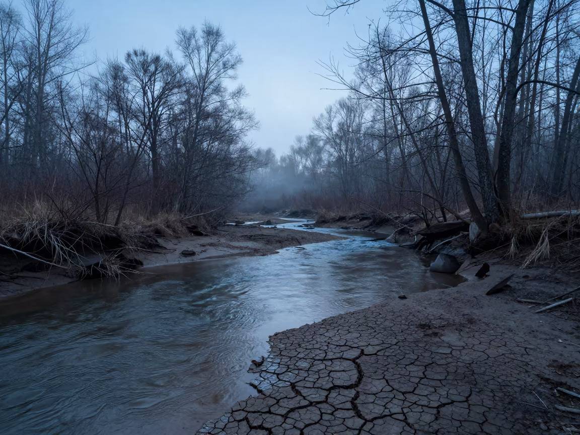 Steel Blue Evening Light on Forest Stream in through low marine fog near Petropavl