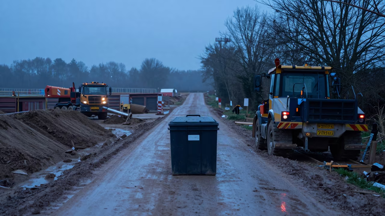 Steel Blue Evening Mud and Form Tie Bin in at a muddy site access road in France