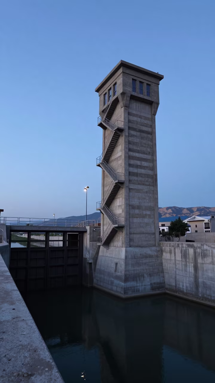Steel-Blue Evening Light on Reservoir Intake Tower in at a canal lock chamber near Yerevan