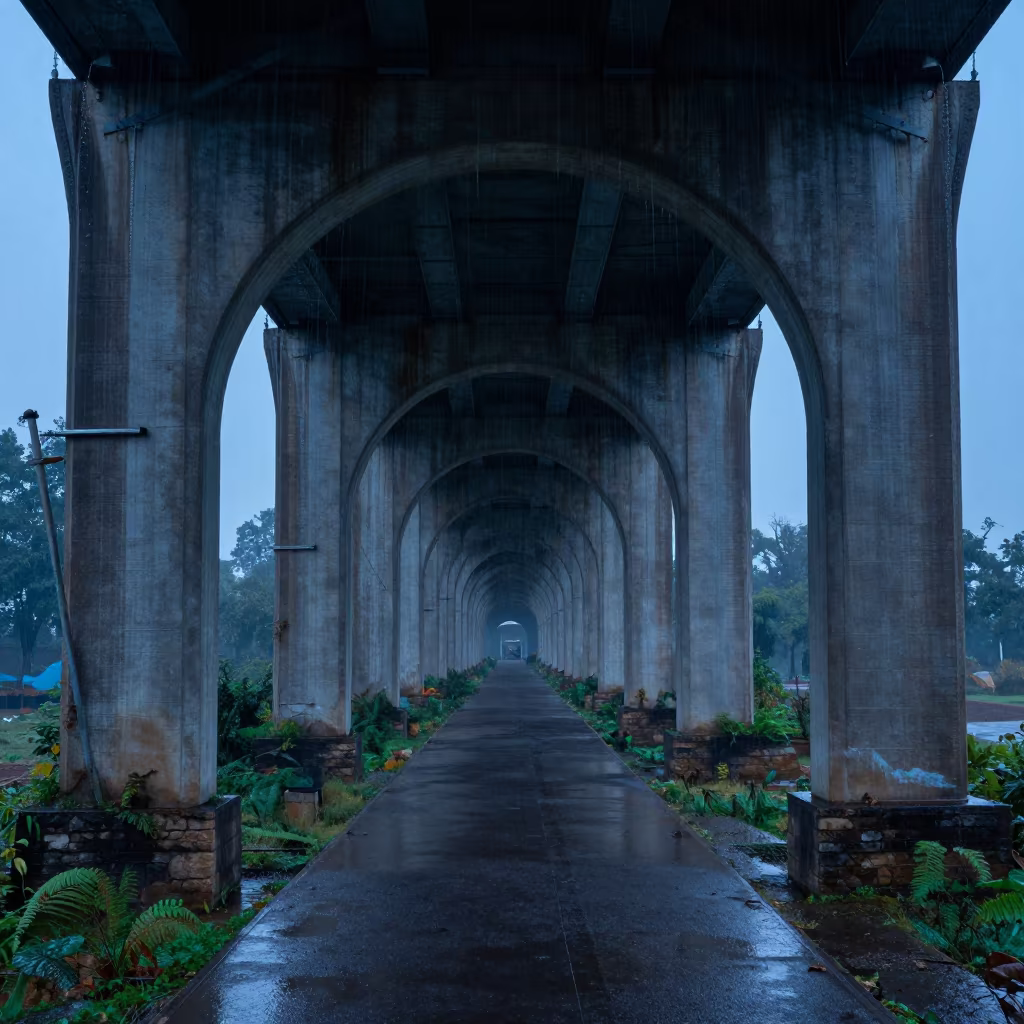 Steel Blue Evening Light on Viaduct Undercroft in along a bridge maintenance walkway near Sargodha