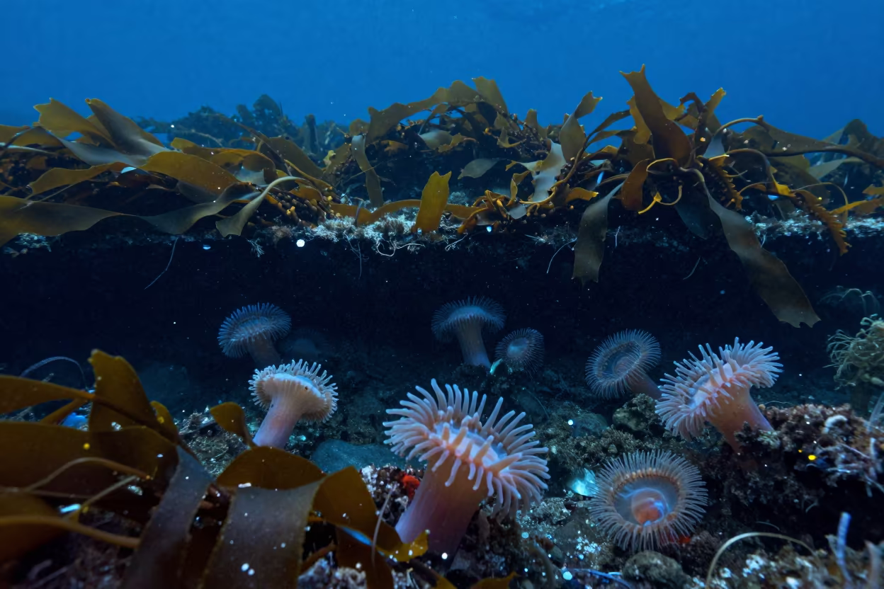 Steel Blue Tide Pools with Anemones in along a kelp-fringed shelf in Catalonia