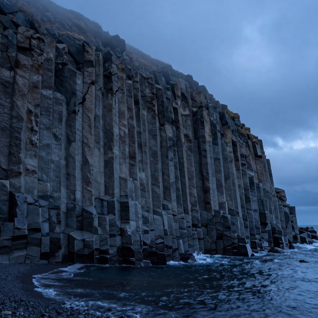 Steel Blue Twilight Columnar Basalt Shoreline in along a wave-cut shoreline near San Pedro, La Paz