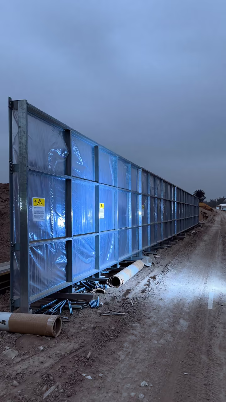 Steel Brace Rack on Muddy Peru Road at Twilight in at a muddy site access road in Peru