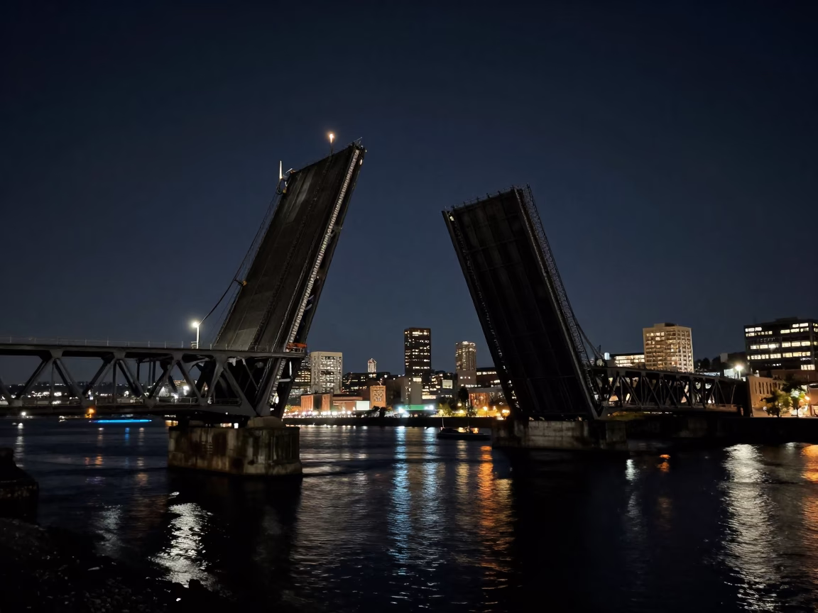 Steel Bridge Drawbridge Lifting at Night Over Willamette River Portland Oregon in in Portland, Oregon, United States