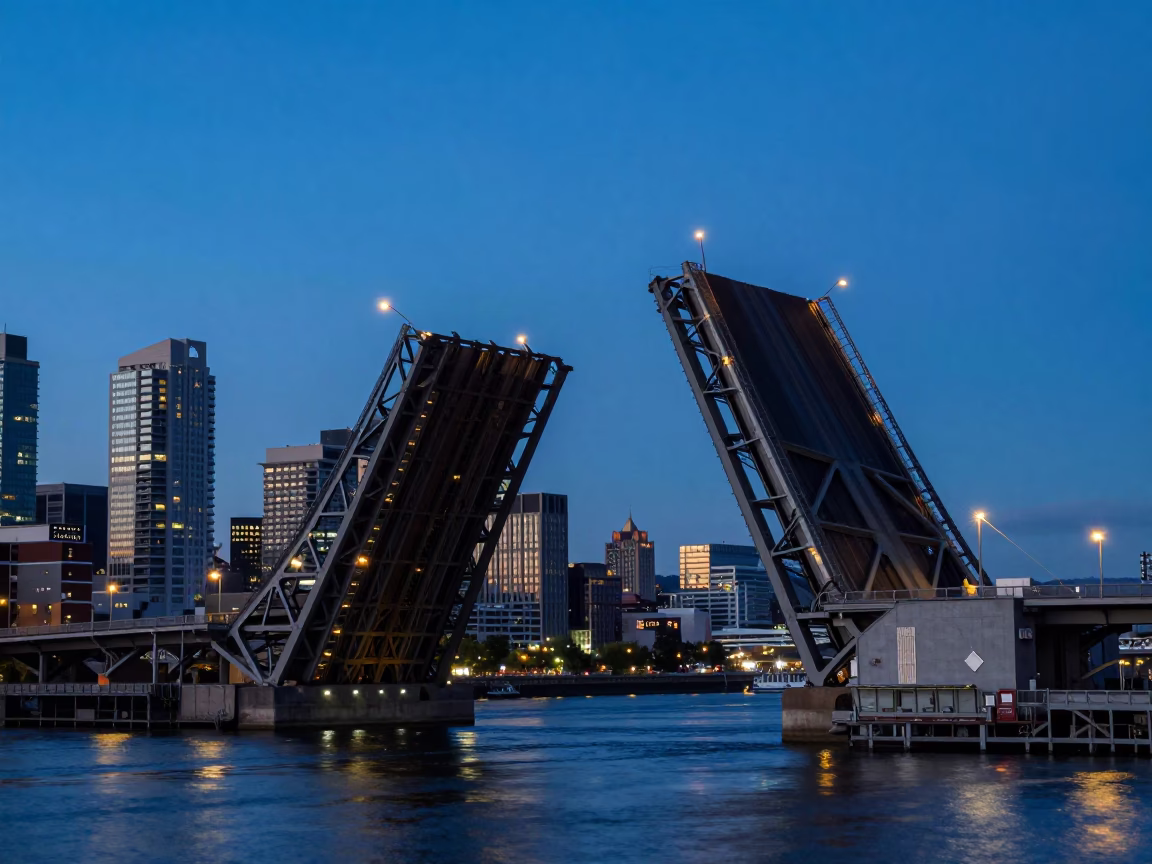 Steel Bridge Drawbridge Raising at Blue Hour in Portland Oregon with City Skyline in in Portland, Oregon, United States
