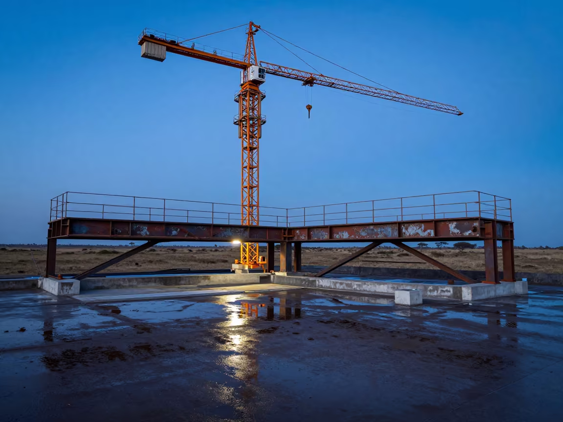 Steel Deck Under Blue Hour in Serengeti Twilight in beneath a tower crane on open ground in the Serengeti