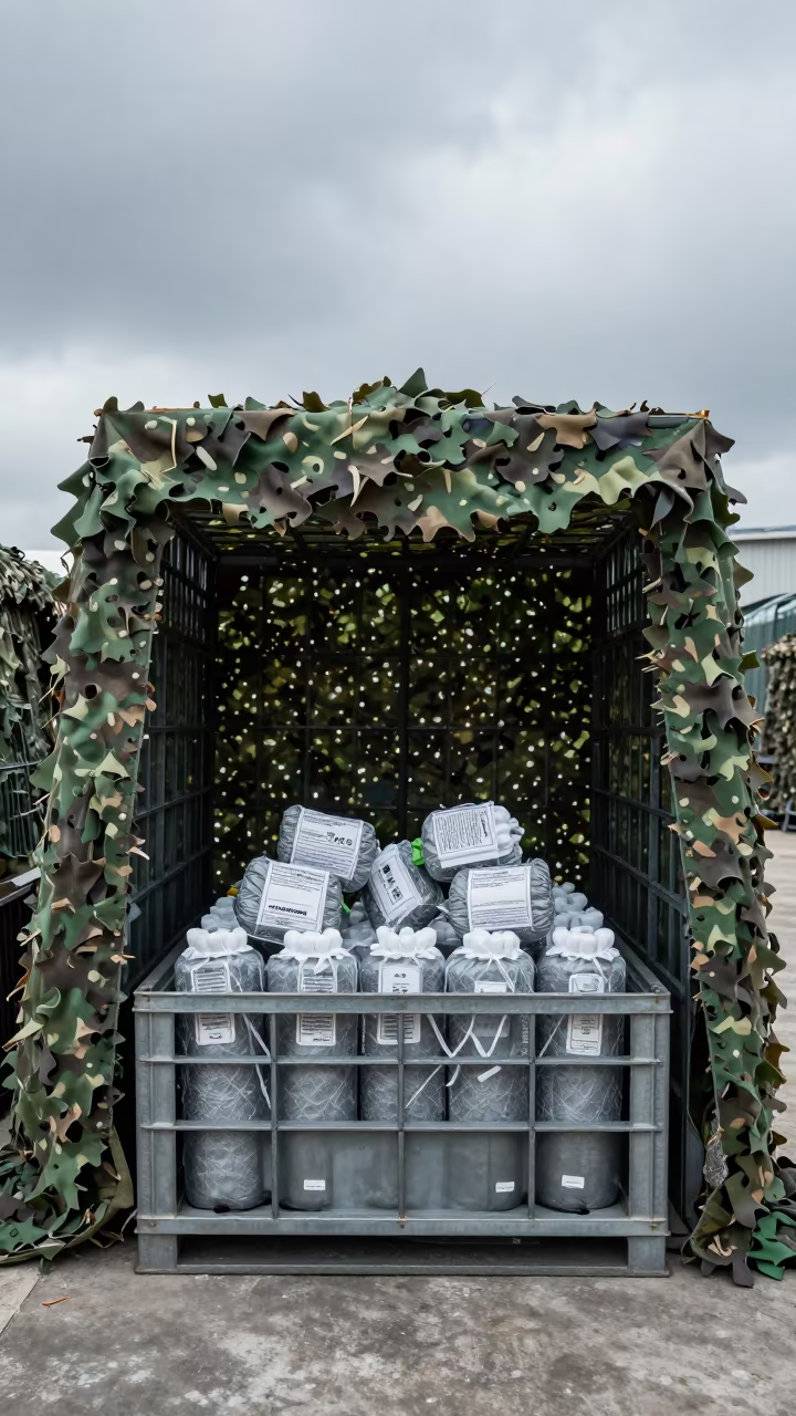 Steel Crate With Chemical Lights Under Camo Net Shenzhen in beneath a camouflage net shelter in Shenzhen