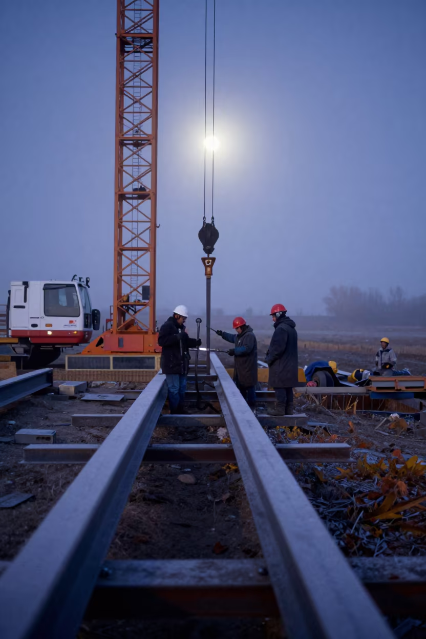 Steel Crew Connects Beams in Misty Alberta Dawn in beneath a tower crane on open ground in Alberta