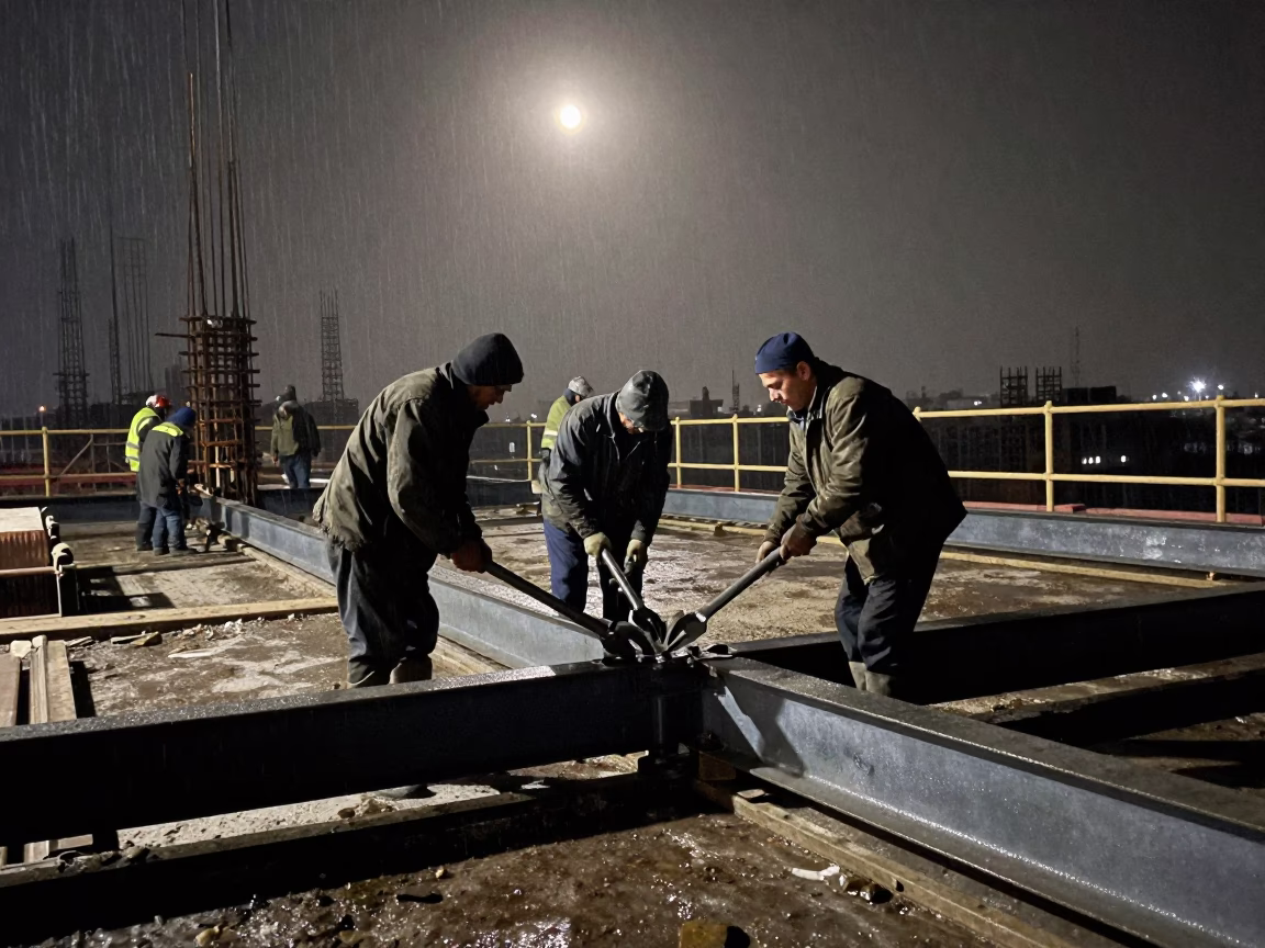Steel Crew Working Winter Night Chakwal Deck in on an active construction deck near Chakwal