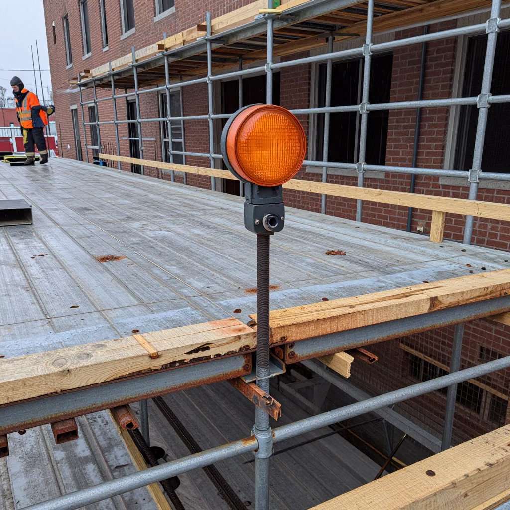 Steel Deck Under Sodium Light on Winter Scaffold in along a scaffolded facade in Pennsylvania
