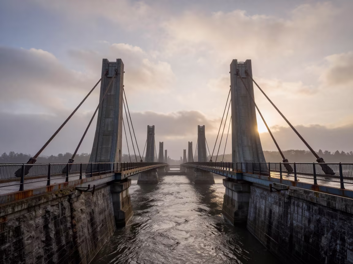Steel Drawbridge Over Moat in Washington Haze in under a viaduct of steel and concrete in Washington
