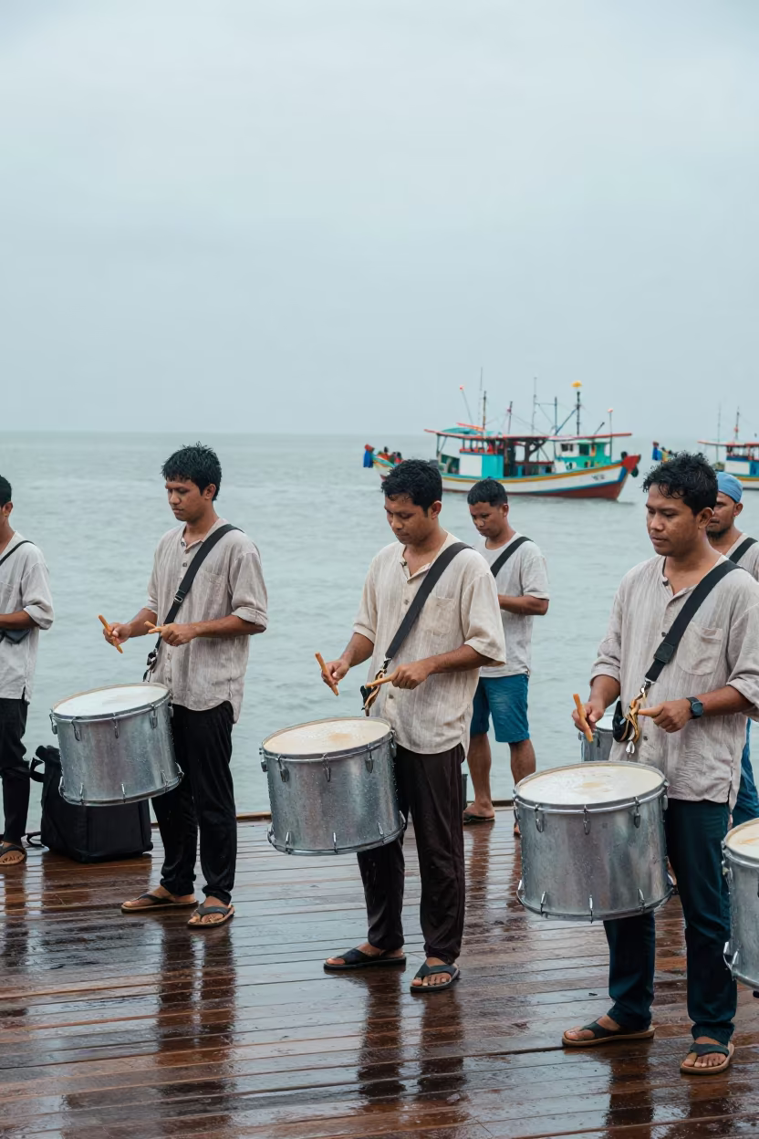 Steel Drum Band on Caribbean Dock in Rain in at a jazz club in Wolaita Sodo