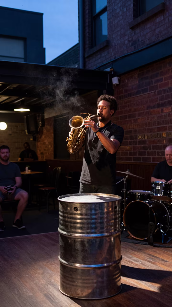 Steel Drum Performer at Sydney Jazz Club Dusk in at a jazz club in Redfern, Sydney