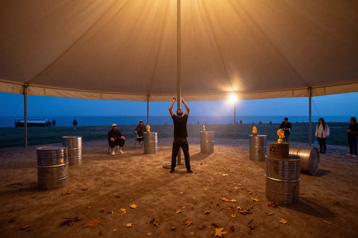 Steel Drum Performer at Twilight in Naples Circus Tent in under a circus tent in Sanita, Naples
