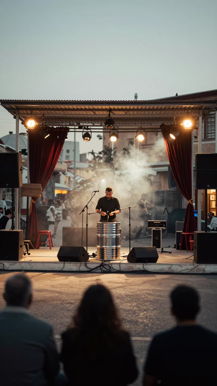 Steel Drum Player at Adana Street Corner in at a street corner busking spot in Adana