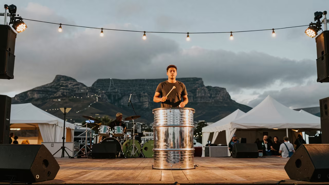 Steel Drum Musician at Cape Town Festival Twilight in on a festival main stage in Cape Town