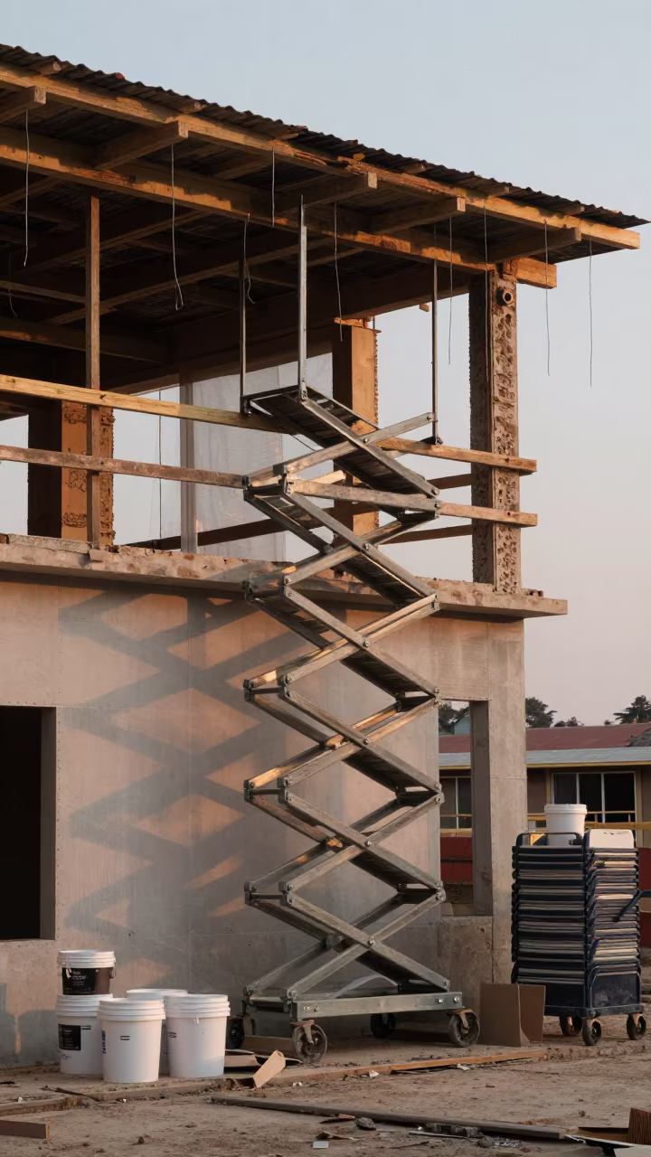 Steel Drywall Lift Under Apartment Ceilings at Dawn in inside a bare shell stair tower near Soweto